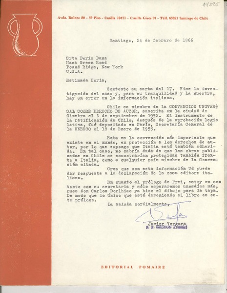 [Carta] 1966 feb. 24, Santiago, Chile [a la] Srta. Doris Dana, Hack Green Road, Pound Ridge, New York, [EE.UU.]
