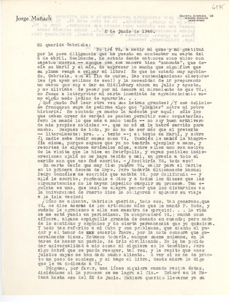 [Carta] 1948 jun. 2, [Cuba?] [a] Gabriela Mistral, [EE.UU.?]