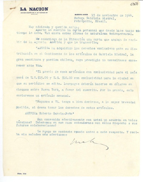 [Carta] 1944 nov. 15, Buenos Aires [a] Gabriela Mistral, Petrópolis, Brasil