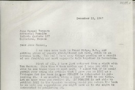 [Carta] 1967 Dec. 15, Hack Green Road, Pound Ridge, N. Y., [EE.UU.] [a] José Manuel Vergara, Editorial Pomaire, Infante Carlota 157, Barcelona, España