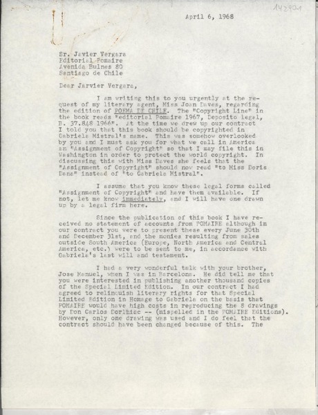[Carta] 1968 Apr. 6, Hack Green Road, Pound Ridge, New York, [EE.UU.] [al] Sr. Javier Vergara, Editorial Pomaire, Avenida Bulnes 80, Santiago, Chile