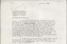 [Carta] 1968 Apr. 6, Hack Green Road, Pound Ridge, New York, [EE.UU.] [al] Sr. Javier Vergara, Editorial Pomaire, Avenida Bulnes 80, Santiago, Chile