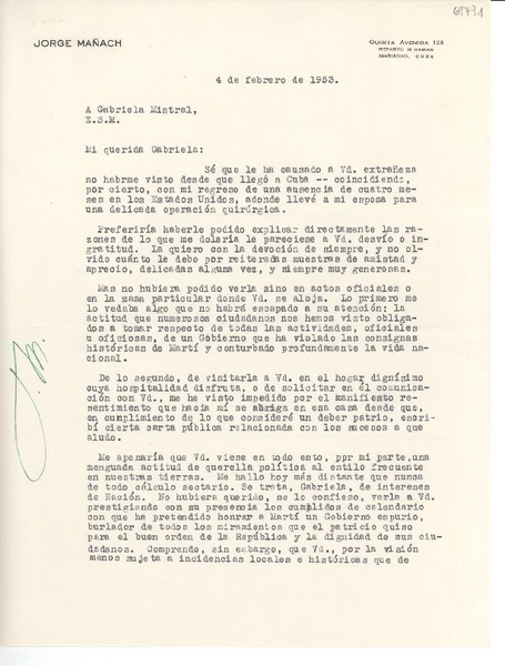 [Carta] 1953 feb. 4, Cuba [a] Gabriela Mistral,