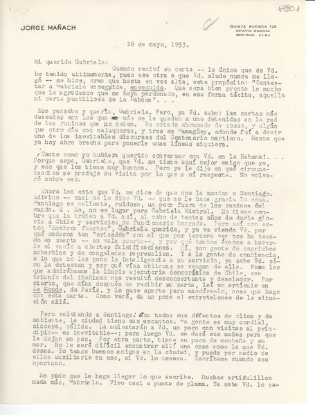[Carta] 1953 mayo 26, Cuba [a] Gabriela [Mistral]