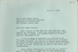 [Carta] 1960 Aug. 7, Pound Ridge, New York, U. S. A. [a] Miss Carmen Gómez Tejera, Professor of Education Emeritus, University of Puerto Rico, Río Piedras, Puerto Rico