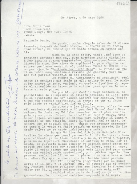 [Carta] 1968 mayo 4, Buenos Aires, [Argentina] [a] Srta. Doris Dana, Hack Green Road, Pound Ridge, New York, U. S. A.