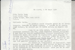 [Carta] 1968 mayo 4, Buenos Aires, [Argentina] [a] Srta. Doris Dana, Hack Green Road, Pound Ridge, New York, U. S. A.