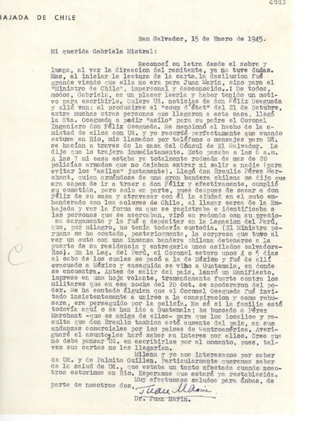 [Carta] 1945 ene. 15, San Salvador [a] Gabriela Mistral