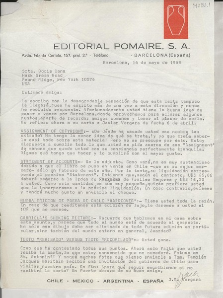 [Carta] 1968 mayo 14, Barcelona, [España] [a] Srta. Doris Dana, Hack Green Road, Pound Ridge, New York, U. S. A.