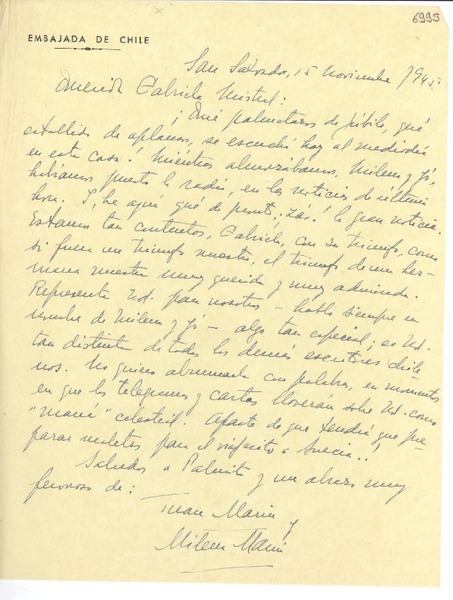 [Carta] 1945 nov. 15, San Salvador [a] Gabriela Mistral