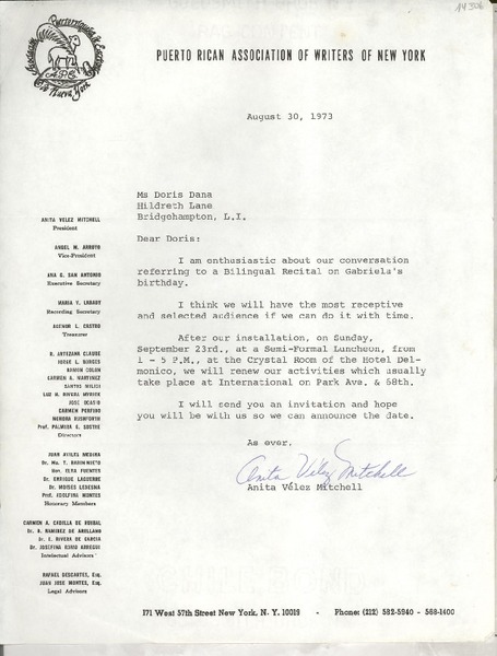 [Carta] 1973 Aug. 30, Nueva York, [EE.UU.] [a] Ms Doris Dana, Hildreth Lane, Bridgehampton, L.I., [EE.UU.]