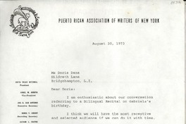 [Carta] 1973 Aug. 30, Nueva York, [EE.UU.] [a] Ms Doris Dana, Hildreth Lane, Bridgehampton, L.I., [EE.UU.]