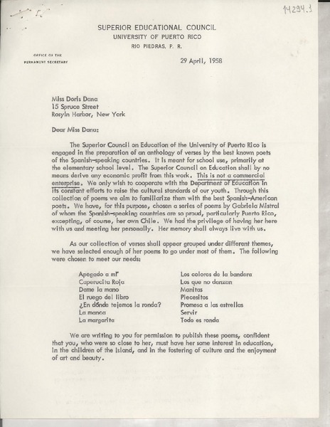[Carta] 1958 Apr. 29, [Rio Piedras, Puerto Rico] [a] Miss Doris Dana, Roslyn Harbor, New York