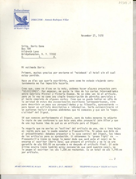 [Carta] 1978 Nov. 21, México D. F., México [a la] Srita. Doris Dana, Hildreth Lane, Bridgehampton, N.Y., [EE.UU.]