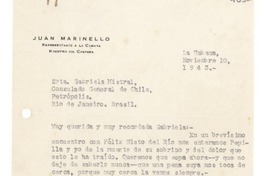 [Carta] 1943 nov. 10, La Habana [a] Gabriela Mistral, Petrópolis, Río de Janeiro, Brasil