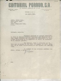 [Carta] 1965 abr. 26, Av. República Argentina, México D.F., México [a la] Srita. Doris Dana, Hack Green Road, Pound Ridge, New York, [EE.UU.]