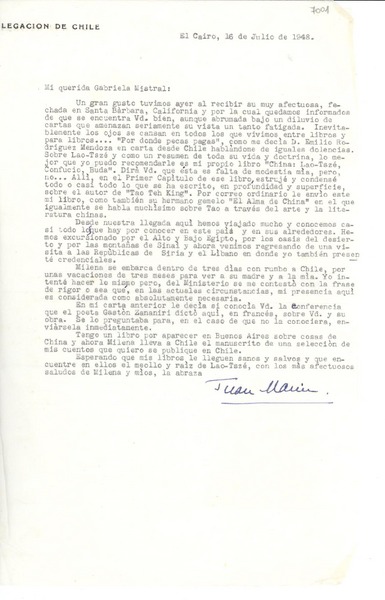 [Carta] 1948 jul. 16, El Cairo, [Egipto] [a] Gabriela Mistral