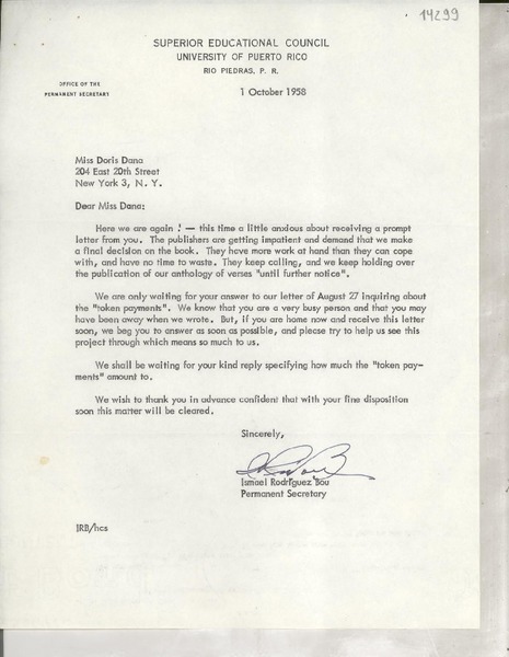 [Carta] 1958 Oct. 1, [Rio Piedras, Puerto Rico] [a] Miss Doris Dana, New York, N. Y.