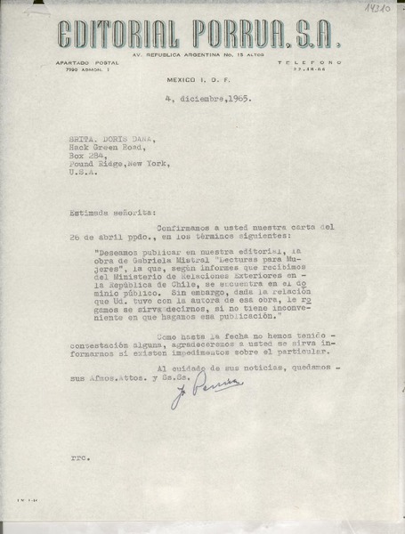 [Carta] 1965 dic. 4, Av. República Argentina, México D.F., México [a la] Srita. Doris Dana, Hack Green Road, Pound Ridge, New York, [EE.UU.]