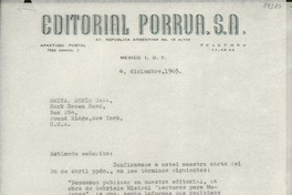 [Carta] 1965 dic. 4, Av. República Argentina, México D.F., México [a la] Srita. Doris Dana, Hack Green Road, Pound Ridge, New York, [EE.UU.]