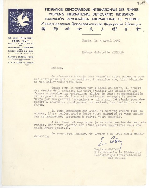[Carta] 1950 avril 5, París [a] Gabriela Mistral