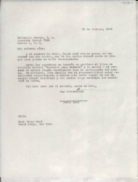 [Carta] 1966 feb. 21, Hack Green Road, Pound Ridge, New York, [EE.UU.] [a la] Editorial Porrúa, S.A., Apartado Postal 7990, México 1, D. F., México