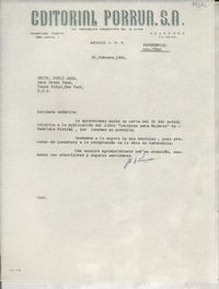 [Carta] 1966 feb. 26, Av. República Argentina, México D.F., México [a la] Srita. Doris Dana, Hack Green Road, Pound Ridge, New York, [EE.UU.]