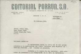 [Carta] 1966 feb. 26, Av. República Argentina, México D.F., México [a la] Srita. Doris Dana, Hack Green Road, Pound Ridge, New York, [EE.UU.]