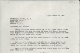[Carta] 1966 abr. 14, Hack Green Road, Pound Ridge, New York, [EE.UU.] [a la] Editorial Porrúa, S.A., Apartado Postal 7990 Admon. 1, México 1, D. F., México