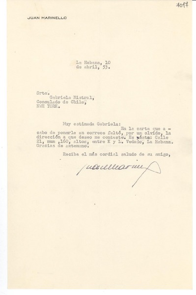[Carta] 1953 abr. 10, La Habana [a] Gabriela Mistral, New York