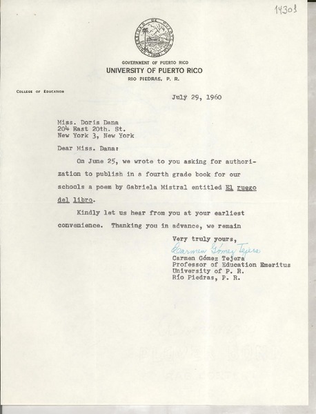 [Carta] 1960 July 29, [Rio Piedras, Puerto Rico] [a] Miss Doris Dana, New York, New York