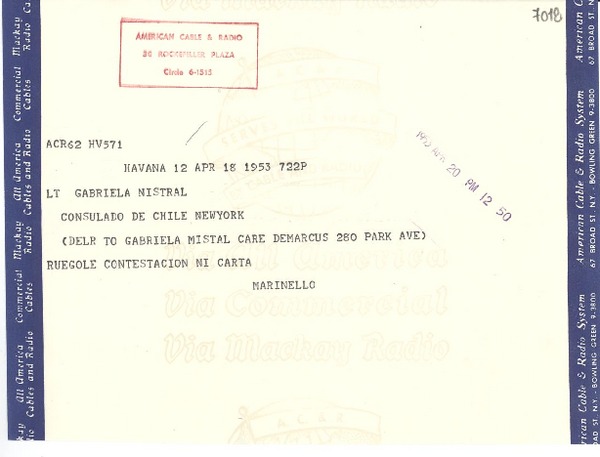 [Telegrama] 1953 abr. 18, La Habana [a] Gabriela Mistral, New York