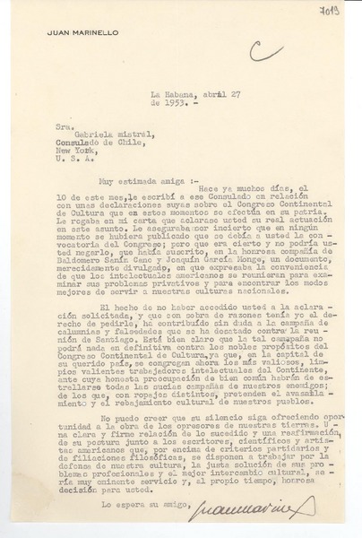 [Carta] 1953 abr. 27, La Habana [a] Gabriela Mistral, New York, U.S.A.