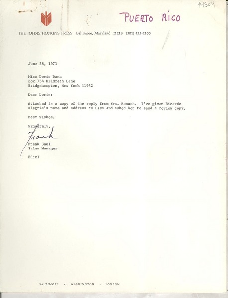 [Carta] 1971 June 28, [Baltimore, Maryland, Estados Unidos] [a] Miss Doris Dana, Box 784 Hildreth Lane, Bridgehampton, New York