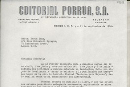 [Carta] 1966 sept. 23, Av. República Argentina, México D.F., México [a la] Srita. Doris Dana, 75 Ladderback Grove, London WII, [England]