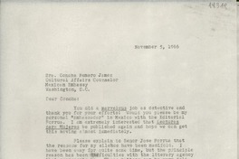 [Carta] 1966 Nov. 5, [a la] Sra. Concha Romero James, Cultural Affairs Counselor, Mexican Embassy, Washington, D.C., [EE.UU.]
