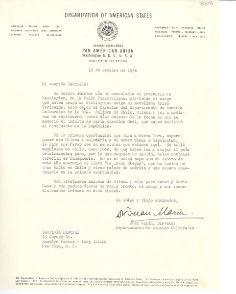 [Carta] 1956 oct. 19, Washington, [Estados Unidos] [a] Gabriela [Mistral]