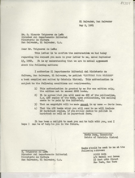 [Carta] 1961 May 2, San Salvador, El Salvador [al] Sr. D. Ricardo Trigueros de León, Director del Departamento Editorial, Ministerio de Cultura, San Salvador, El Salvador, C.A.