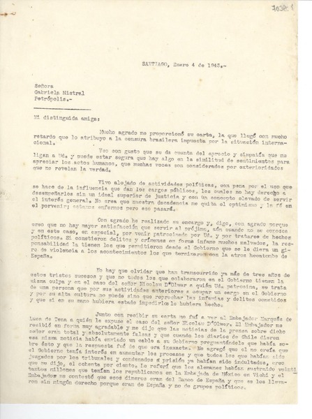 [Carta] 1943 ene. 4, Santiago [a] Gabriela Mistral, Petrópolis