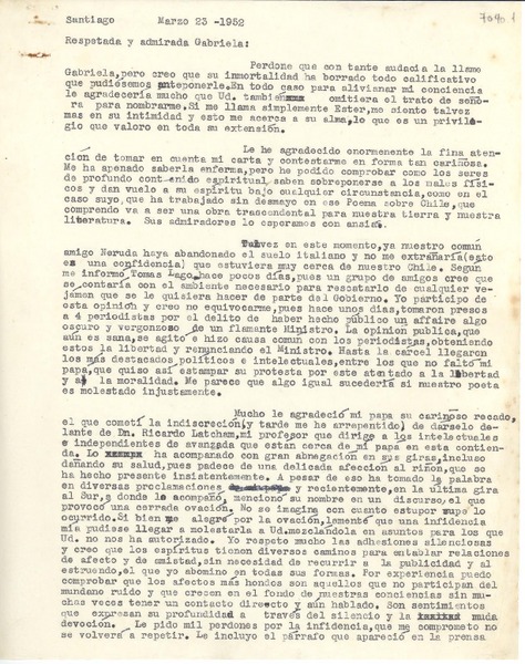 [Carta] 1952 mar. 23, Santiago [a] Gabriela Mistral