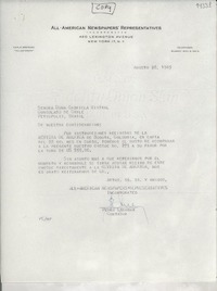 [Carta] 1945 ago. 28, [New York, Estados Unidos] [a] Señora Doña Gabriela Mistral, Consulado de Chile, Petrópolis, Brasil