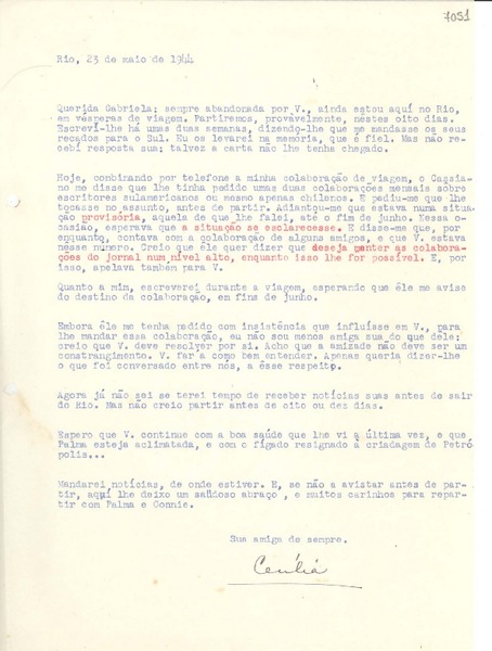 [Carta] 1944 maio 23, Río [de Janeiro] [a] Gabriela Mistral
