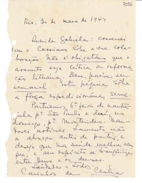 [Carta] 1944 maio 30, Río [de Janeiro] [a] Gabriela Mistral