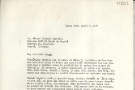 [Carta] 1963 abr. 8, Nueva York, [Estados Unidos] [a] Sr. Alvaro Cstaño Castillo, Emisora HJCK El mundo de Bogotá, Bogotá, Colombia