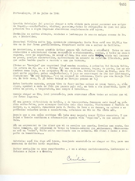 [Carta] 1944 julho 16, Porto Alegre [a] Gabriela Mistral