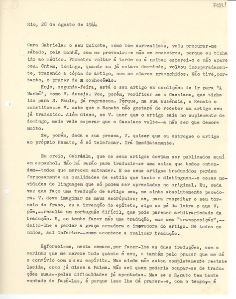 [Carta] 1944 agosto 28, Río [de Janeiro] [a] Gabriela Mistral
