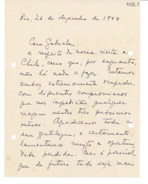 [Carta] 1944 dez. 26, Río [de Janeiro] [a] Gabriela Mistral