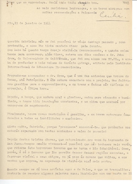 [Carta] 1944 jan. 19, Rio, [Brasil] [a] Gabriela [Mistral]