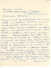 [Carta] 1943 dic. 6, Sanatorio Bela Vista, [Brasil] [a] Gabriela [Mistral]