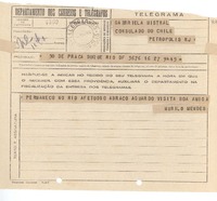 [Telegrama] 1944 maio 26, Rio DF, [Brasil] [a] Gabriela Mistral, Consulado do Chile, Petrópolis, RJ, [Brasil]
